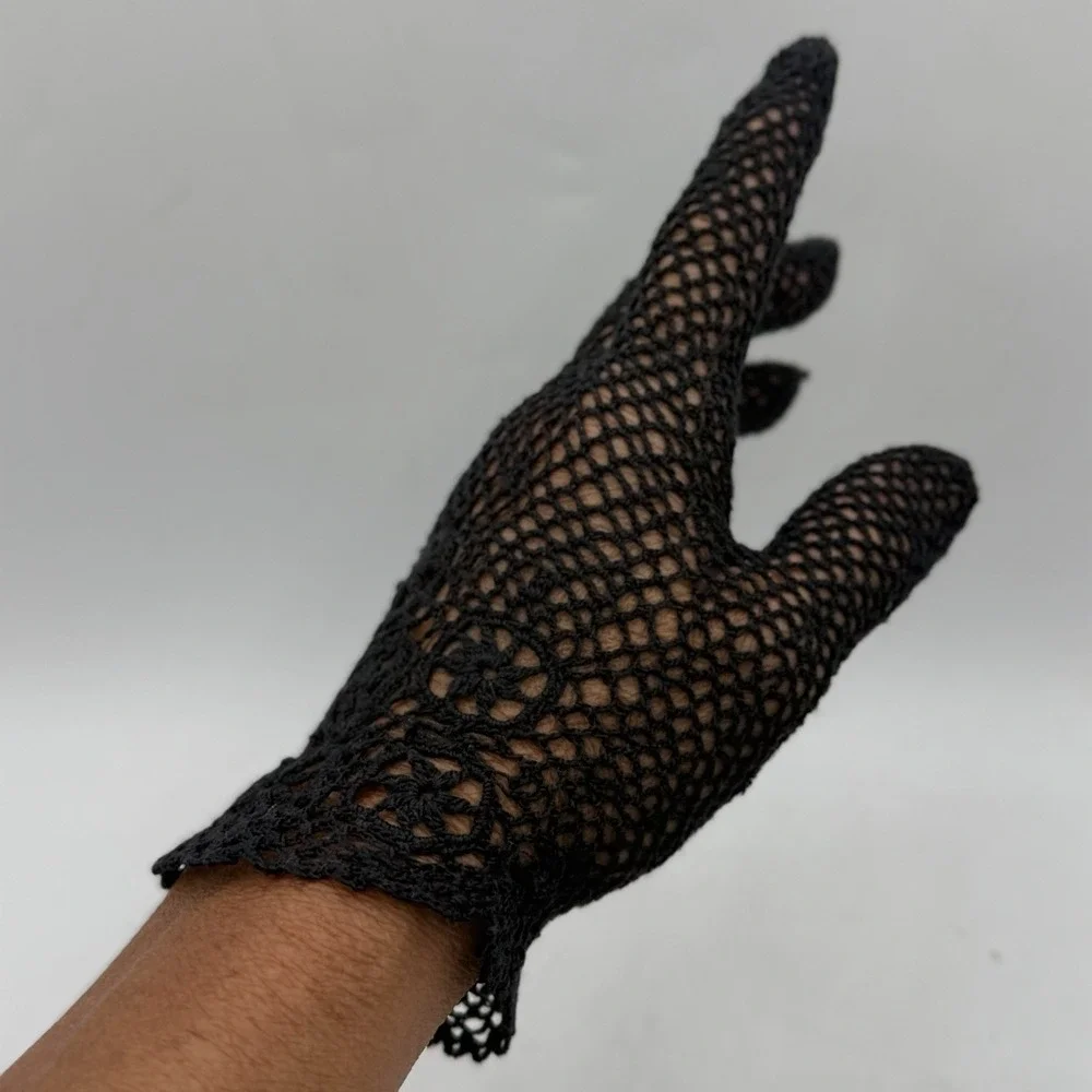 Vintage Black Crochet Lace Gloves Fishnet Mesh Knit Victorian Goth RBG Tea Party